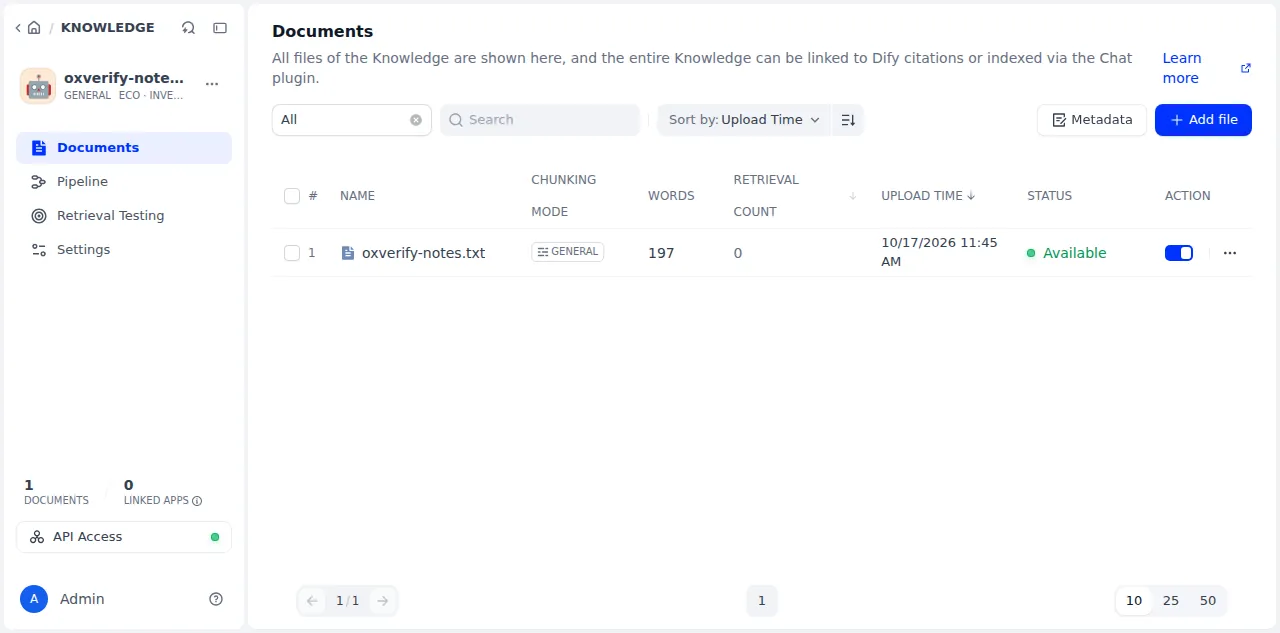 A Dify knowledge base with the imported text file listed as Available