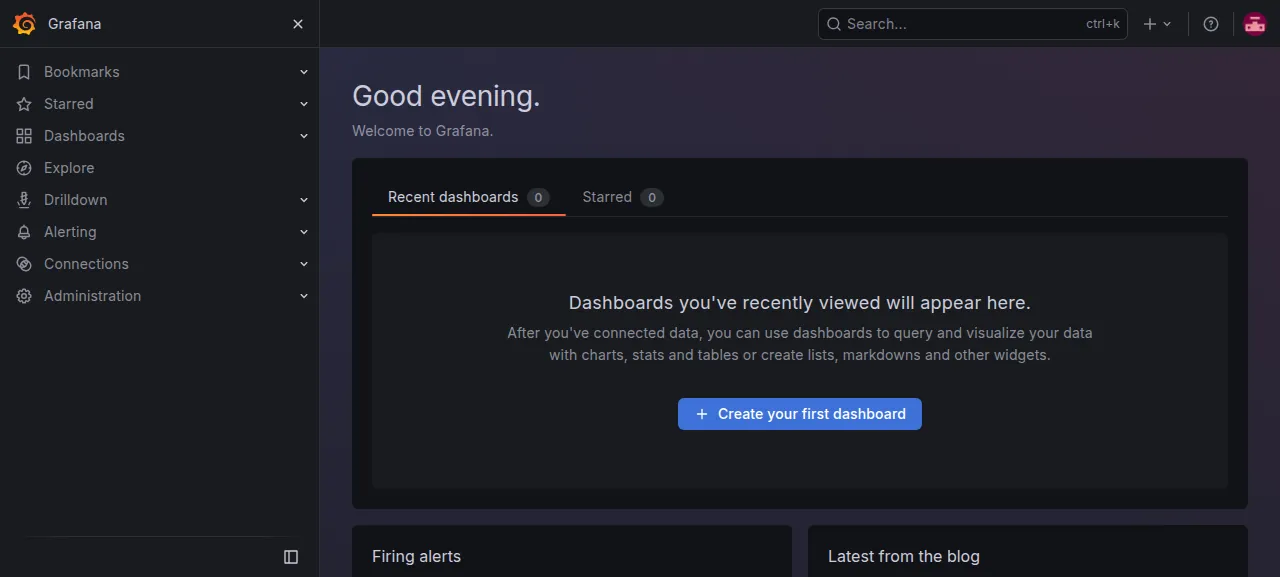 The Grafana home page after signing in as the admin