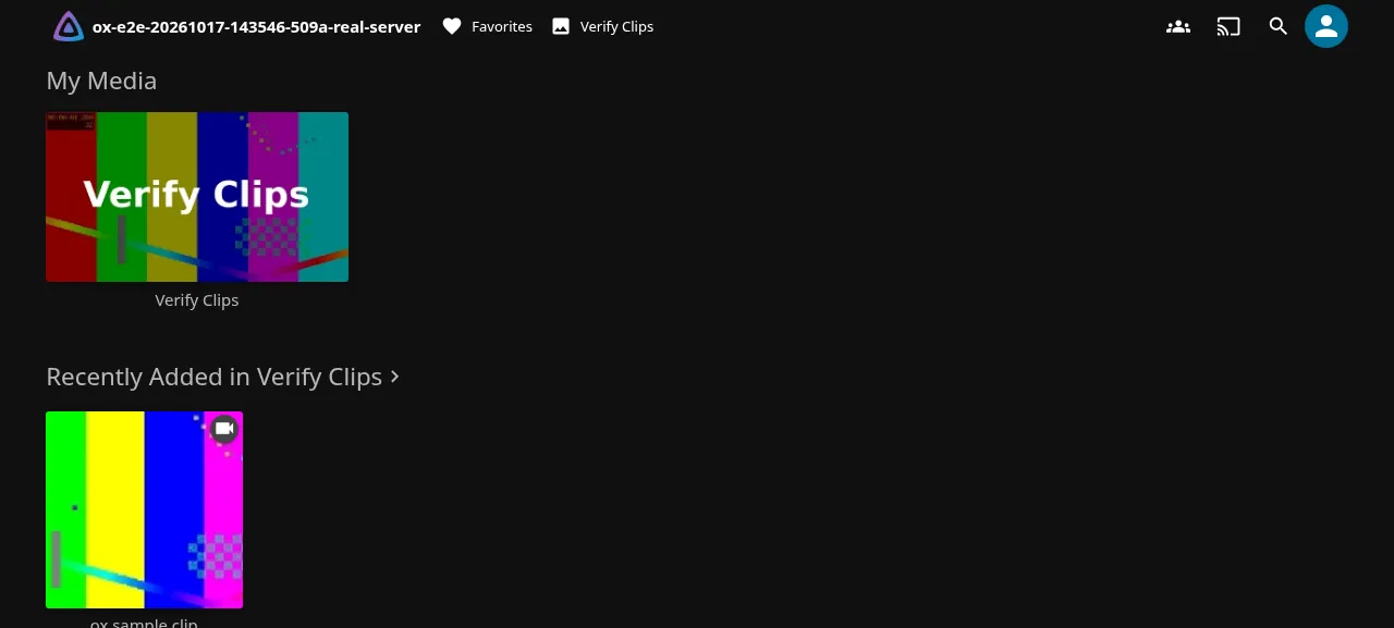 The Jellyfin home page with the Verify Clips library and its sample clip
