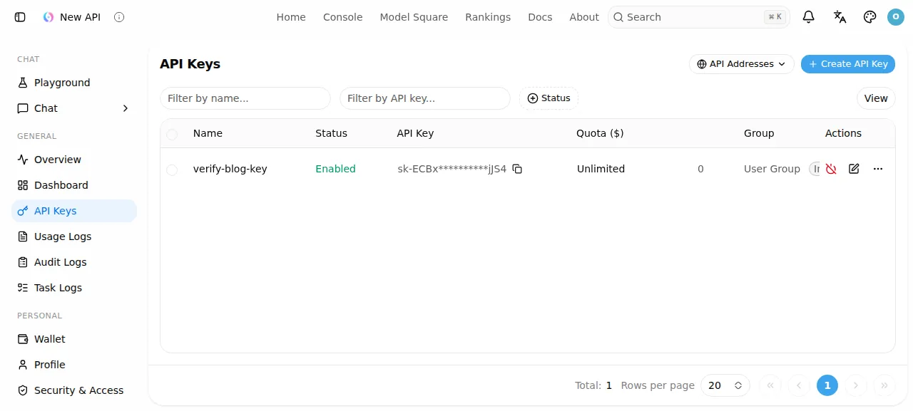 The New API API Keys list with the new key verify-blog-key, its value masked